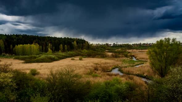 Rain over spring valley, timelapse, 4k