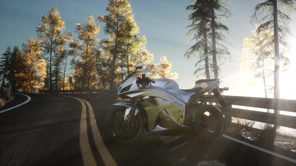 Sportbike on Tre Road in Forest with Sun Beams