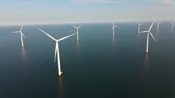 Wind Turbine From Aerial View Drone View at Windpark Westermeerdijk a Windmill Farm in the Lake