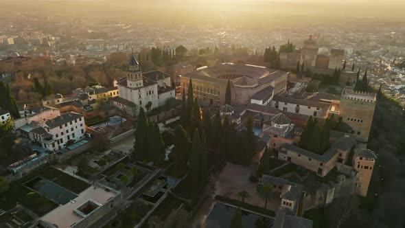 Flying Over Ancient Arabic Fortress of Alhambra Granada Spain