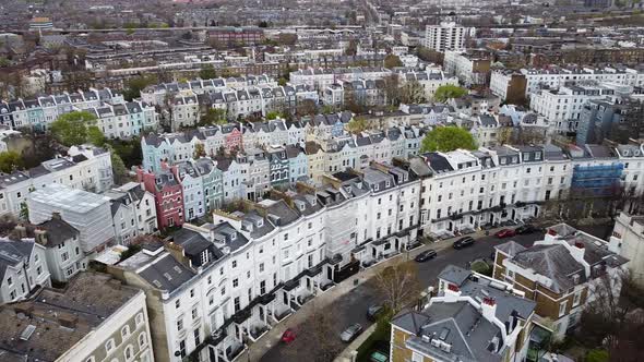 Aerial shot showing multicolored buildings in beautiful london district of Notting Hill. Housing Est