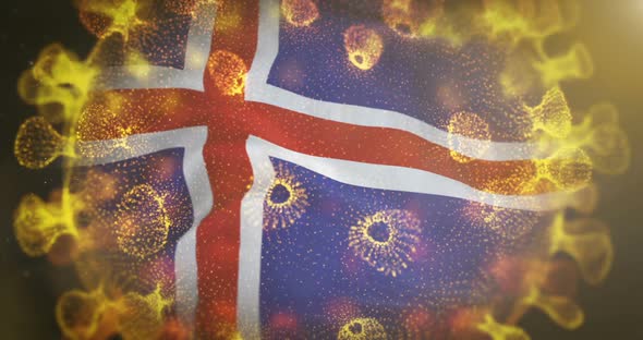 Iceland Flag With Coronavirus Microbe Centered