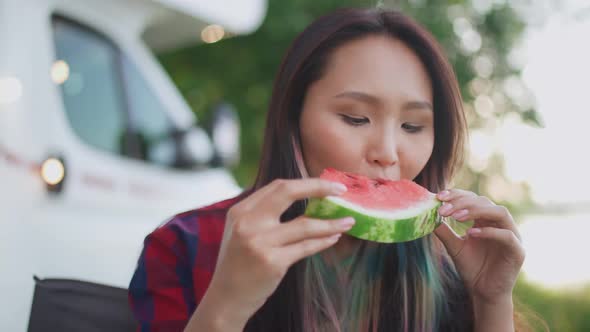 Portrait of an Asian Female in Nature a Young Woman Eating a Watermelon and Enjoying Fruit Food