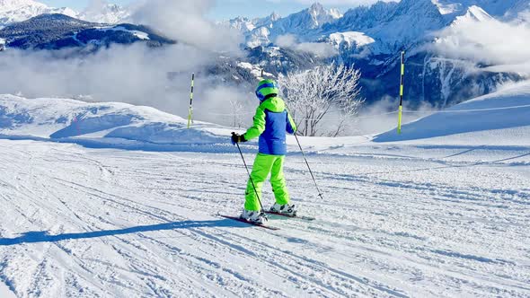 Boy Ski Fast Downhill Over Beautiful Mont Blanc Mountain Summit