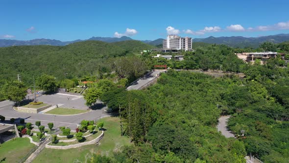 cruceta del vijia at Ponce Puerto Rico and the abandoned Hotel Intercontinental drone shot wiht a cr