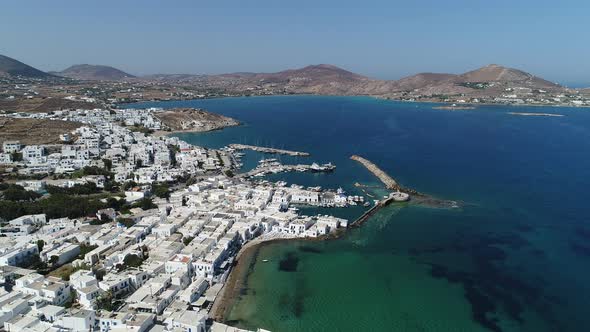 City of Naoussa on Paros island in the Cyclades in Greece seen from the sky