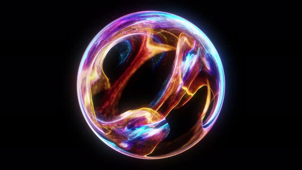 Abstract neon sphere with luminous swirling and glowing particles. alt