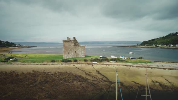 Scotland Castle Ruins Aerial Ocean Bay Shore View