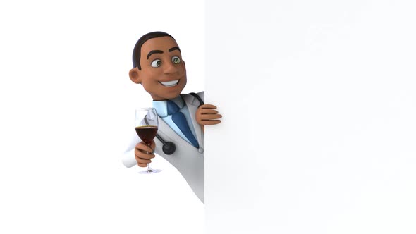 Fun 3D cartoon doctor with a glass of wine alt