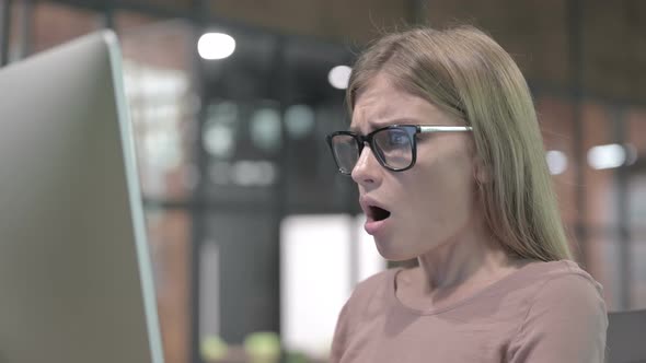 Portrait Shoot of Young Woman Get Shock on Computer