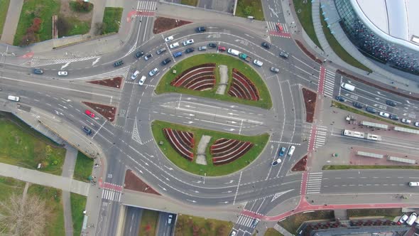 Drone over Grunwaldzkie roundabout in Krakow, Poland