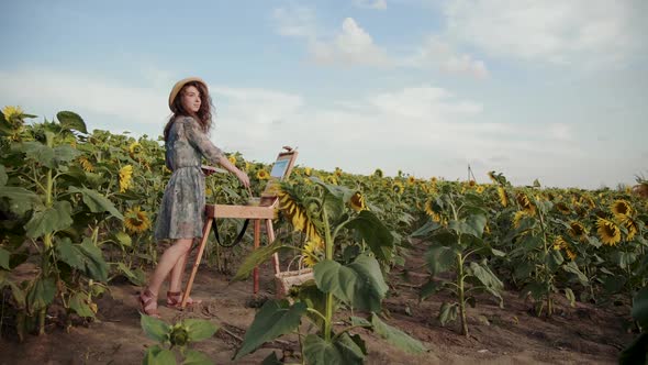 Pretty Female Artist Looking Around the Spacious Sunflower Field During Painting