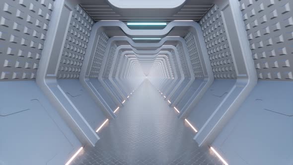 Futuristic Modern Architecture Tunnel Corridor with Led Lamp Metallic Floor