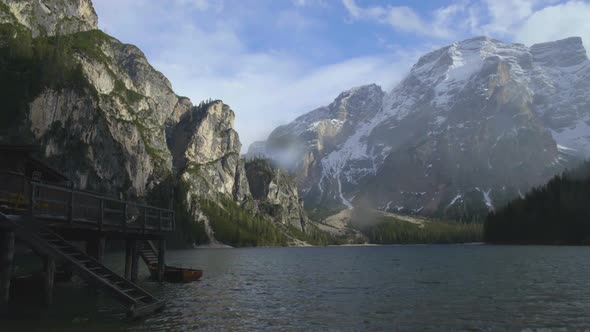 Fantastic View of Dolomites, Wooden Fishing House and Lake Braies, Italy