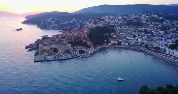 Aerial drone view of a small fishing village in Montenegro