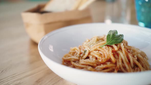 Woman Eating Pasta With Sauce Bolognese