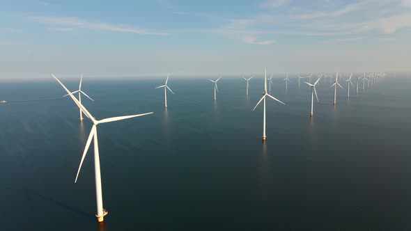 Wind Turbine From Aerial View Drone View at Windpark Westermeerdijk a Windmill Farm in the Lake