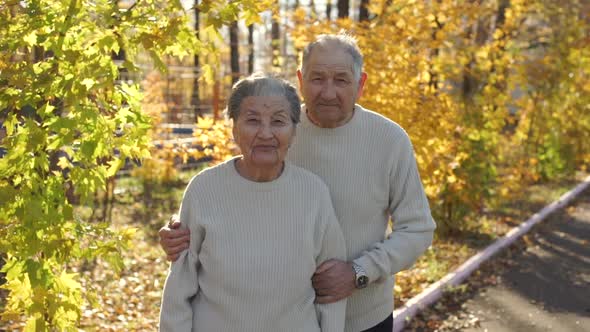 Slowmotion Shot of an Elderly Couple Hugging in a Park in a Beautiful an Autumn Environment