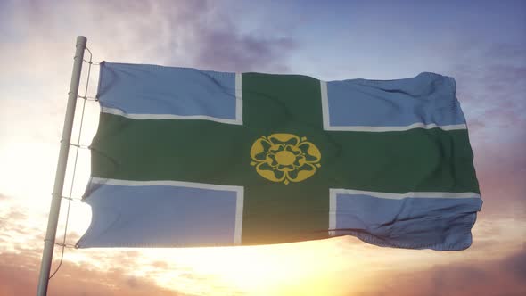 Derbyshire Flag England Waving in the Wind Sky and Sun Background