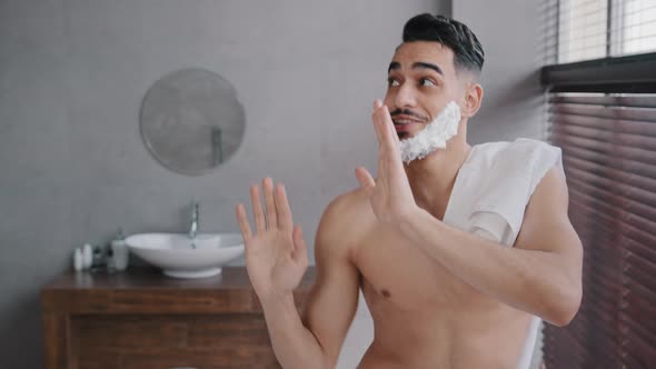 Funny Humorous Silly Happy Carefree Arab Indian Muscular Naked Man Guy with White Foam Shaving Gel