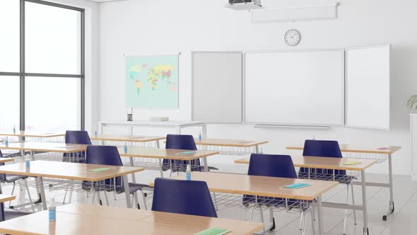 Protective Face Masks And Hand Sanitizers On The Desks