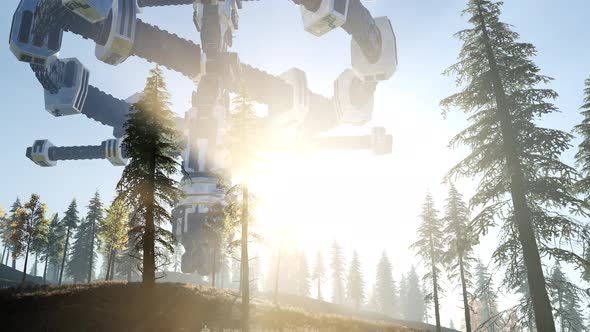 UFO Hovering Over a Forest at Sunset with Light Beam alt