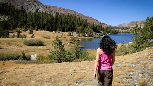 Asian woman hiking near Yosemite National Park in California