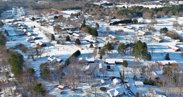 Aerial View Snow Covered Streets Private Properties Idyllic Town Covers Roofs Asphalt Roads Leading