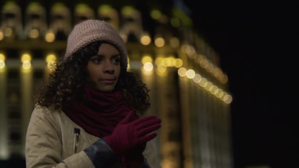 Frozen Girl Waiting for Taxi in Night City Street, Beautiful Lady Late for Date