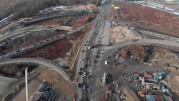 Aerial View Traffic On The Highway Under Construction