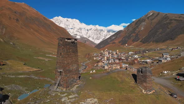 View of the Ushguli Village at the Foot of Mt