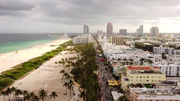 Cruise Ship Departing Miami Beach Aerial Scene