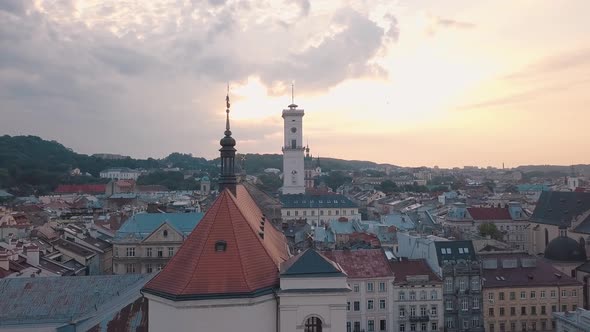 Aerial City Lviv, Ukraine. European City. Popular Areas of the City. Town Hall