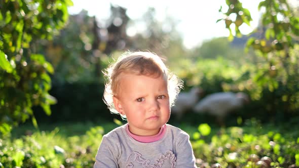 Portrait of a Child Who is on the Green Grass in the Garden