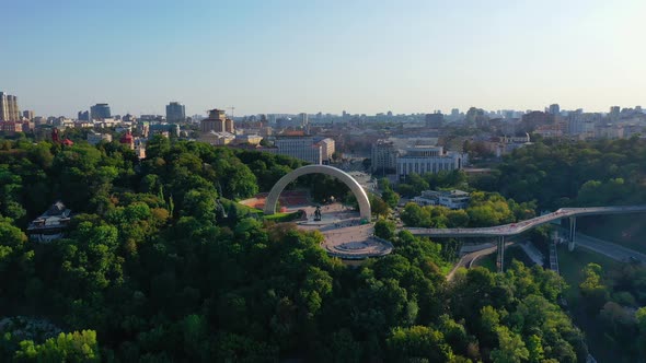 Drone Footage Aerial View of Friendship of Nations Arch in Kiev, Ukraine