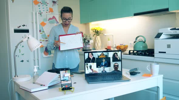 One Woman Videocalls Colleagues While Working From Home. Videocall , Video Conference, Online