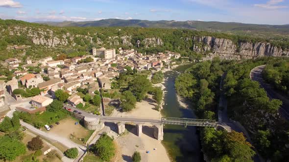 Aerial travel drone view of Balazuc, Southern France.
