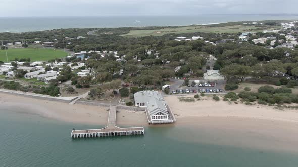 AERIAL DOLLY BACK Of The Australian Township Of Barwon Heads