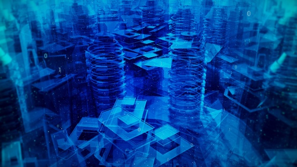 Big Futuristic Digital City With Cyber Blue Colors and Tiny Binary Codes alt