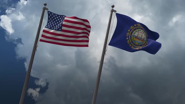 Waving Flags Of The United States And The New Hampshire State 4K