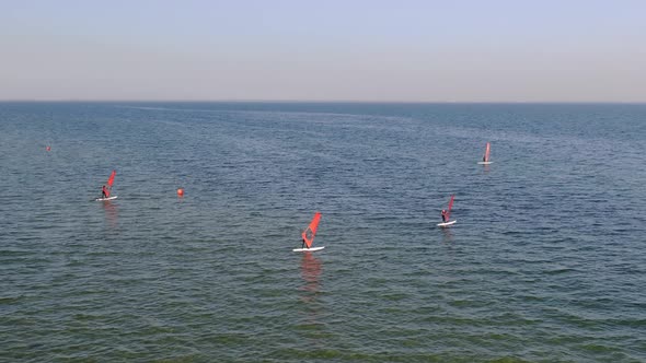 Windsurfers on the sea, aerial view