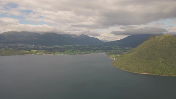 Aerial View Of Haroy Fjord With Scenic Mountain Views In Norway.