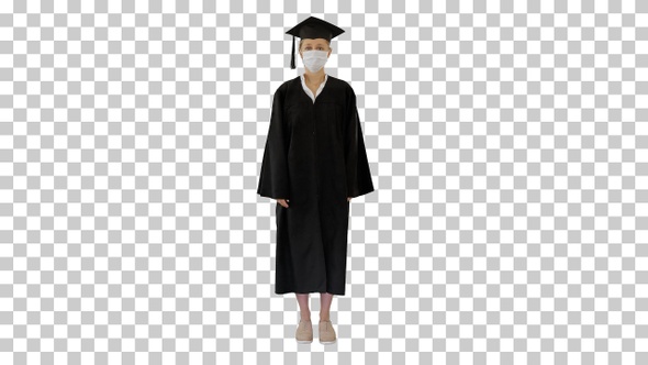 Female graduate student in a medical mask standing, Alpha Channel