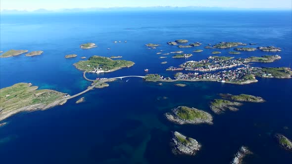 Fishing town Henningsvaer on Lofoten islands, Norway, aerial