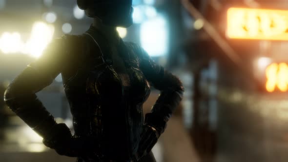 Futuristic Cyberpunk Style Young Woman with Neon Bokeh Lights alt