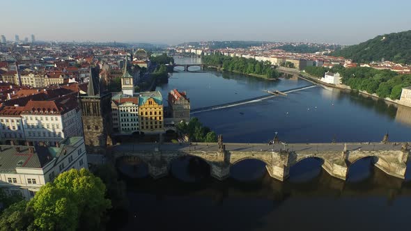 Aerial view of Vltava River and Charles Bridge