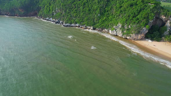 4K aerial drone view of  landscape, Flight over sea. A beautiful island located close to the coast.