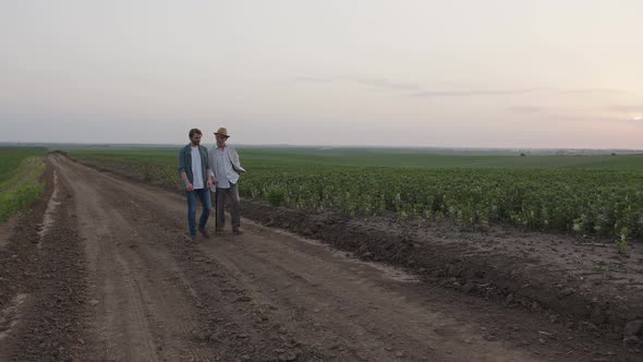 Far View of Two Man That Walk in the Fields Road