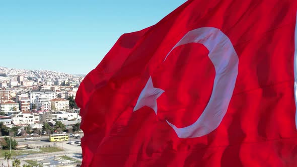 Turkish Flag Flutters Drone View