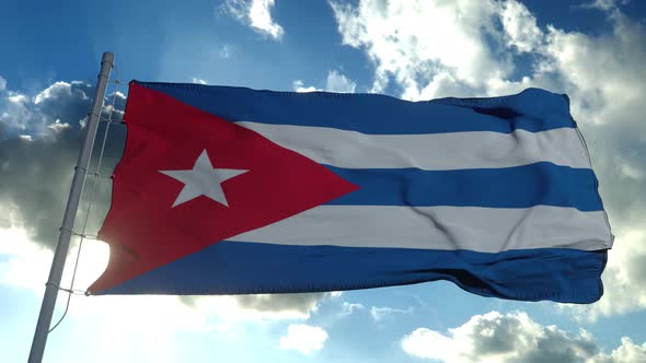 Cuba Flag Waving in the Wind Against Deep Blue Sky